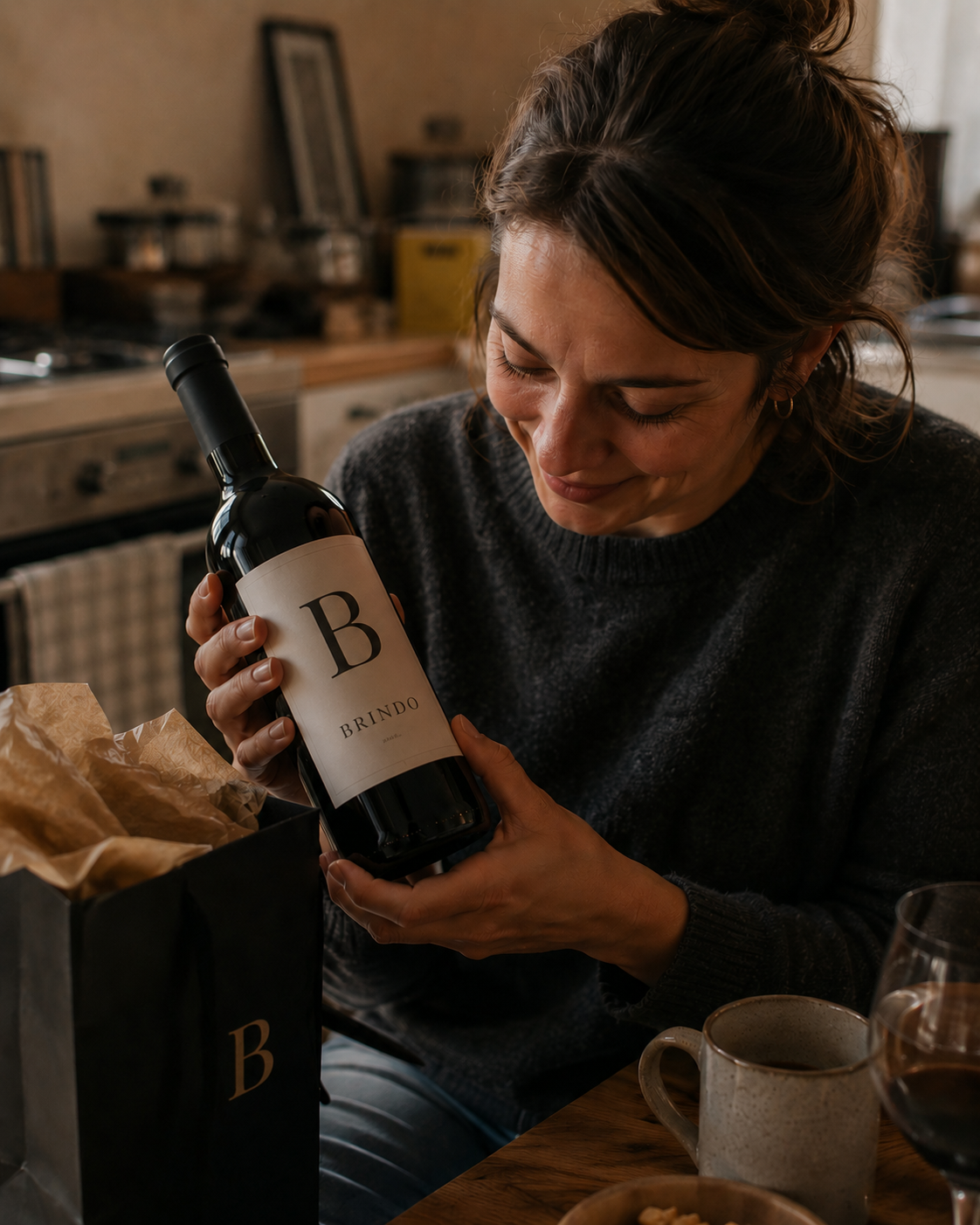 Mujer sosteniendo botella Brindo